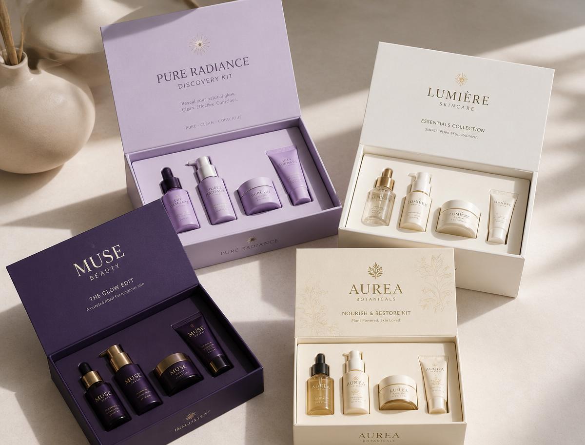 Four branded sample kits showcasing packaging variety and brand development