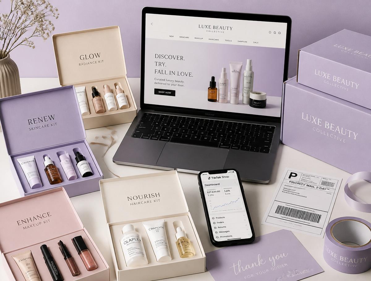Four branded sample kits with a laptop storefront, TikTok Shop dashboard, and shipping supplies