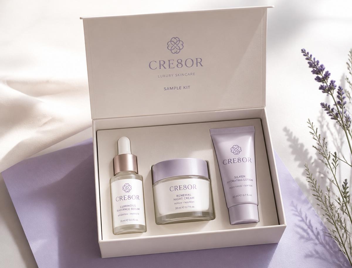 One personalized cre8or sample kit with three branded skincare products